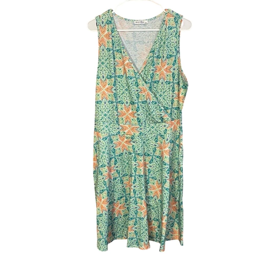 MicroStar XXL Green Orange Mosaic Print Sleeveless Dress Boho Midi